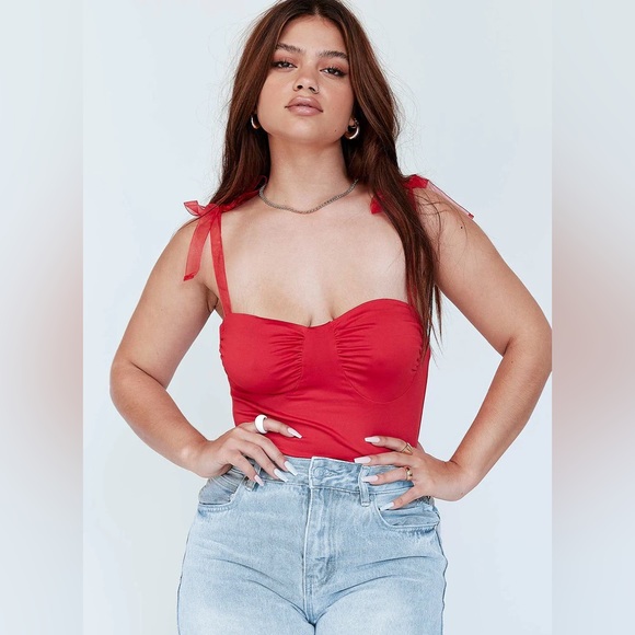 🌹Princess Polly Sweet and Sexy Red Bustier Bodysuit with Sheer Ribbon Straps 🎁 - Picture 3 of 8